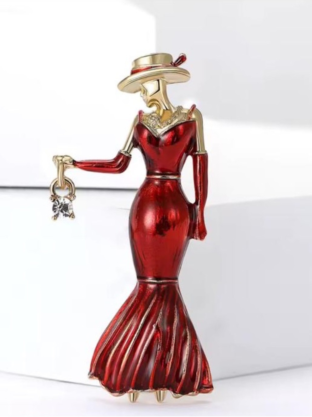 Anthropologie Red Enamel Lady Silhouette Brooch with Gold Accents